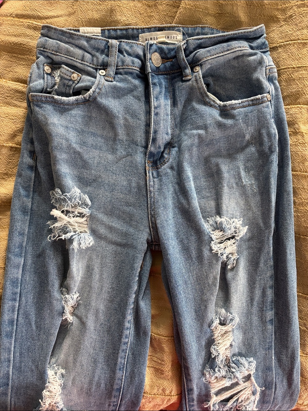 Almost Famous Medium Blue Distressed Straight Leg Jeans - Picture 1 of 6